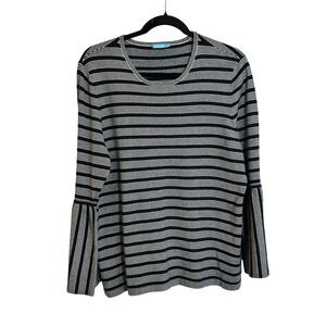 J. McLaughlin Knit Top Size XL Navy Blue Stripe Bell Sleeves Classic Nautical